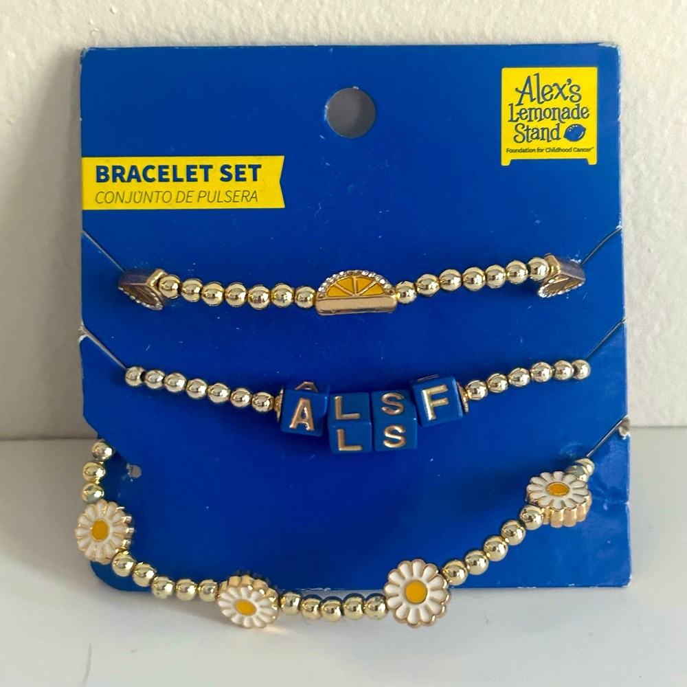 Alex’s lemonade stand Gold and Blue Beaded Bracelet three-piece set Charms lemon
